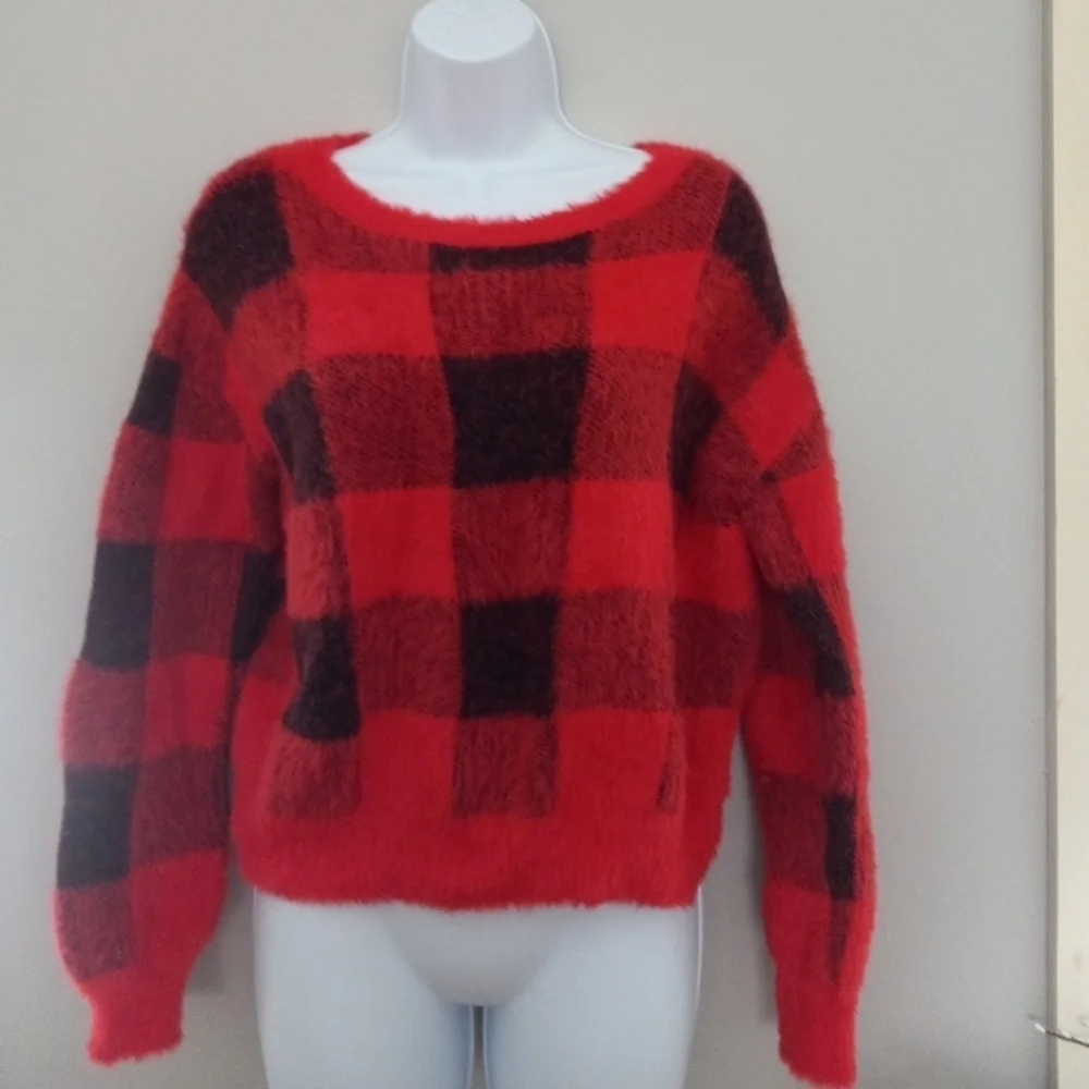 Express Red Black Buffalo Plaid Sweater Slouchy  Size M